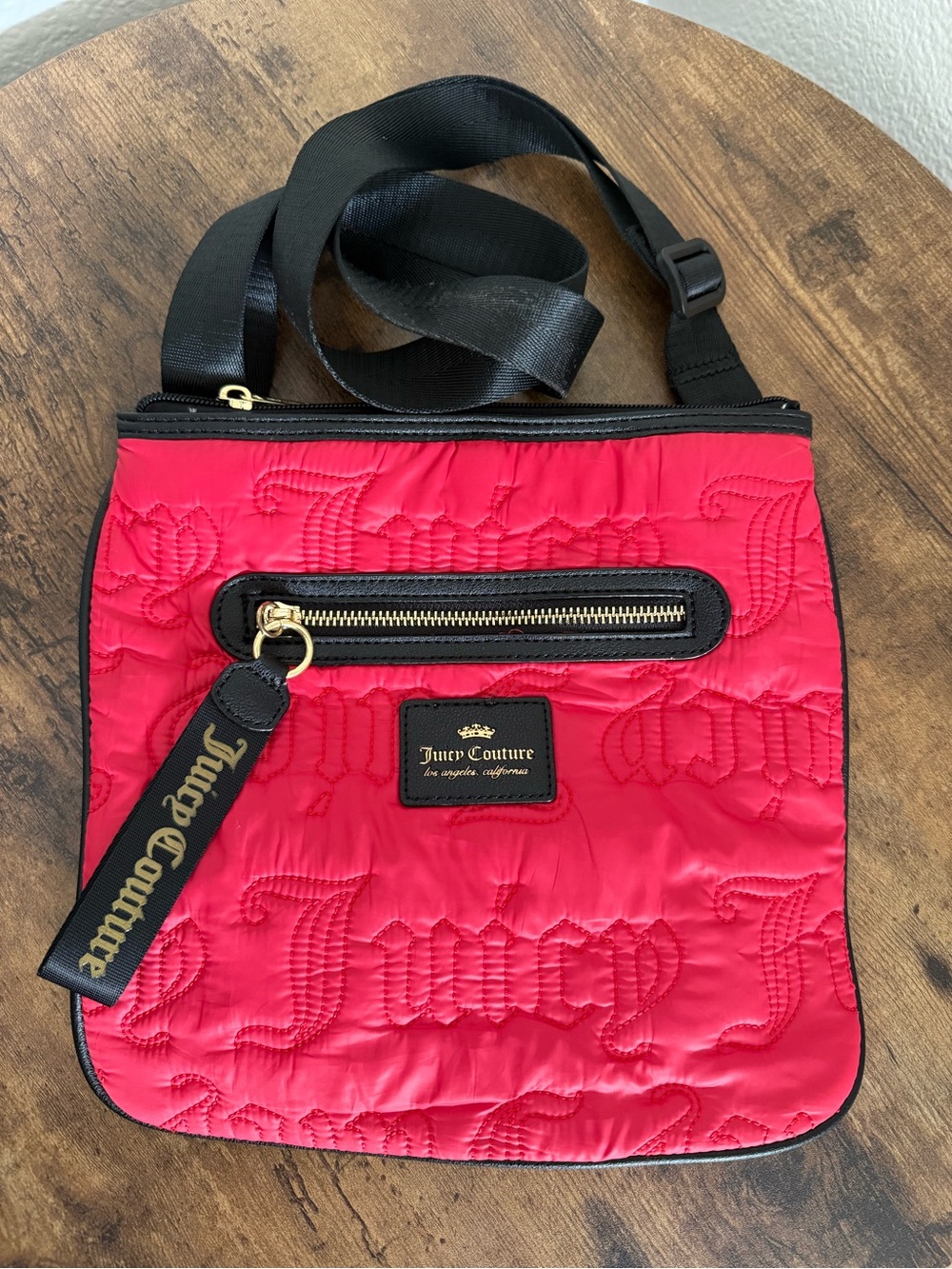 Juicy Couture Gothic Quilting Crimson Red Crossbody Bag Purse Black Gold Large